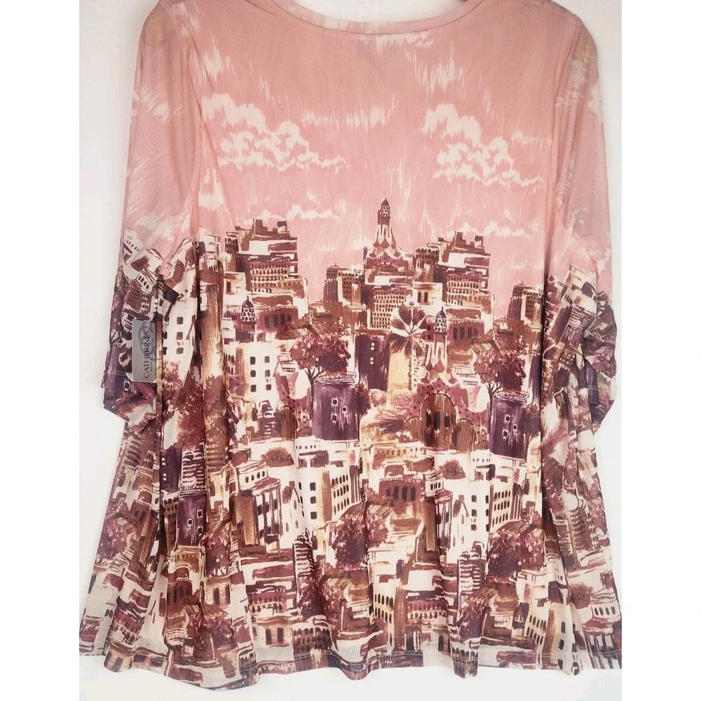 Catherines Womens Blouse Vneck Cityscape Print Bohemian Lined Boho Size 1X - Picture 6 of 8